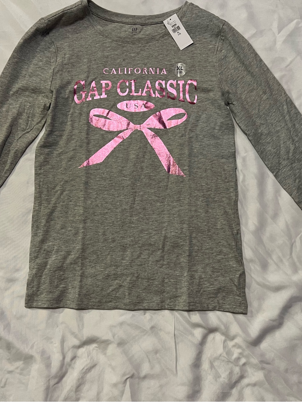 GAP Gray Long-Sleeve Tee with Pink Bow Graphic